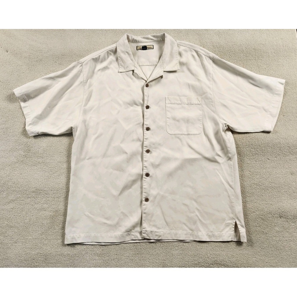 Tommy Bahama 100%Silk Shirt Mens XL Short Sleeve Button Hawaiian Style Cream/Tan